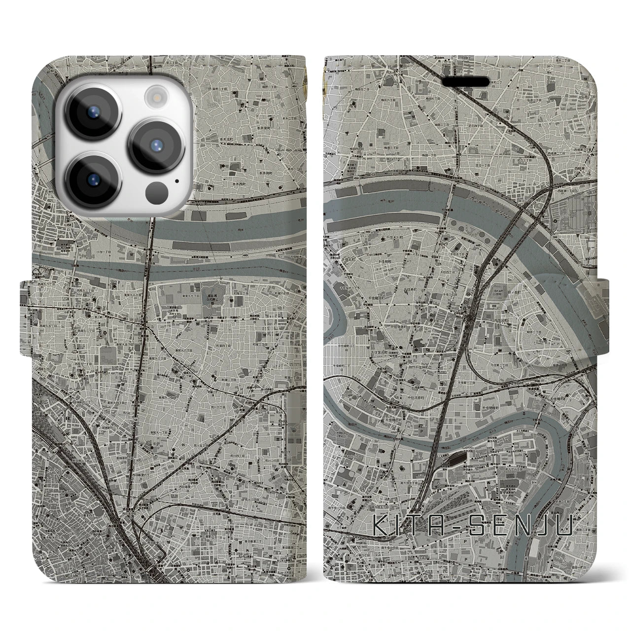 【北千住(東京都)】地図柄iPhoneケース(手帳タイプ)モノトーン・iPhone 14 Pro 用