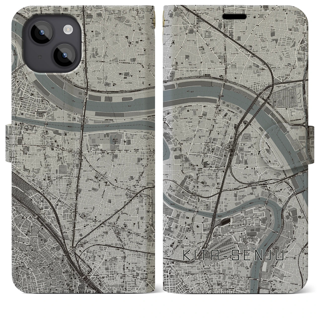 【北千住(東京都)】地図柄iPhoneケース(手帳タイプ)モノトーン・iPhone 14 Plus 用