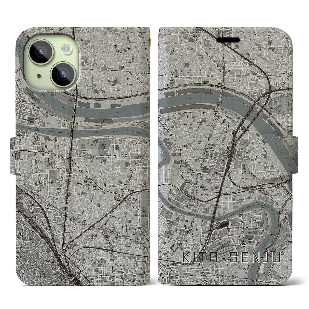 【北千住(東京都)】地図柄iPhoneケース(手帳タイプ)モノトーン・iPhone 15 用