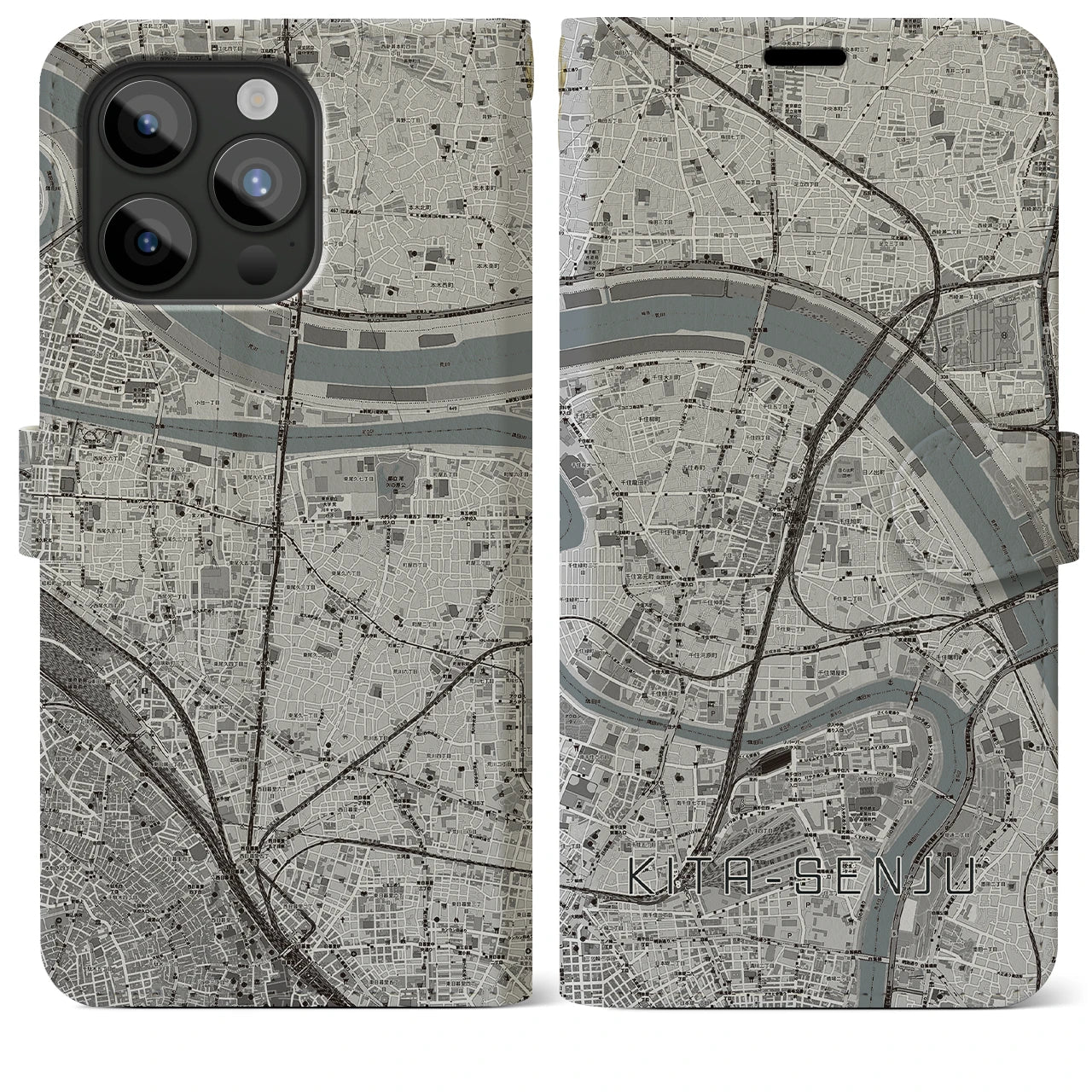 【北千住(東京都)】地図柄iPhoneケース(手帳タイプ)モノトーン・iPhone 15 Pro Max 用
