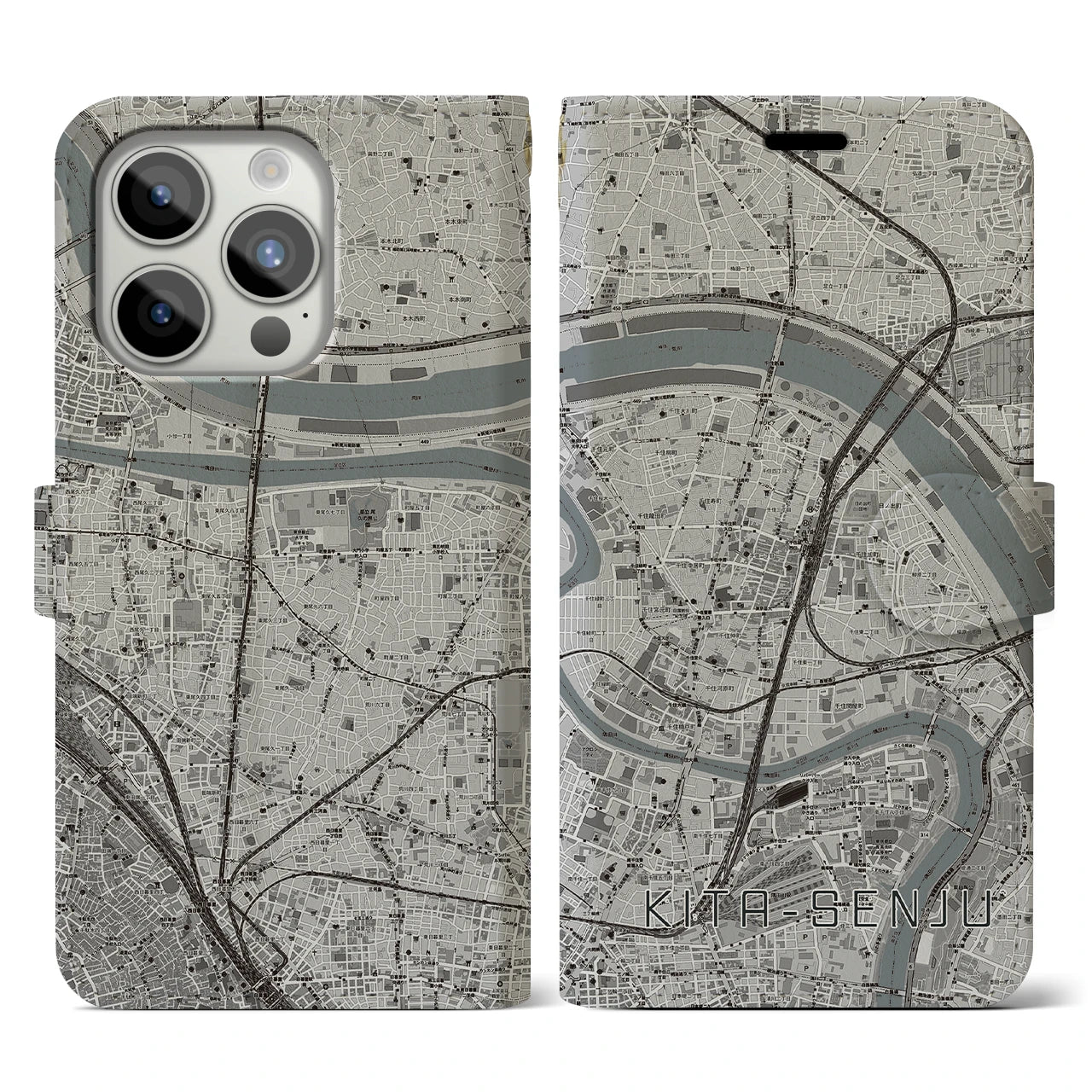 【北千住(東京都)】地図柄iPhoneケース(手帳タイプ)モノトーン・iPhone 15 Pro 用