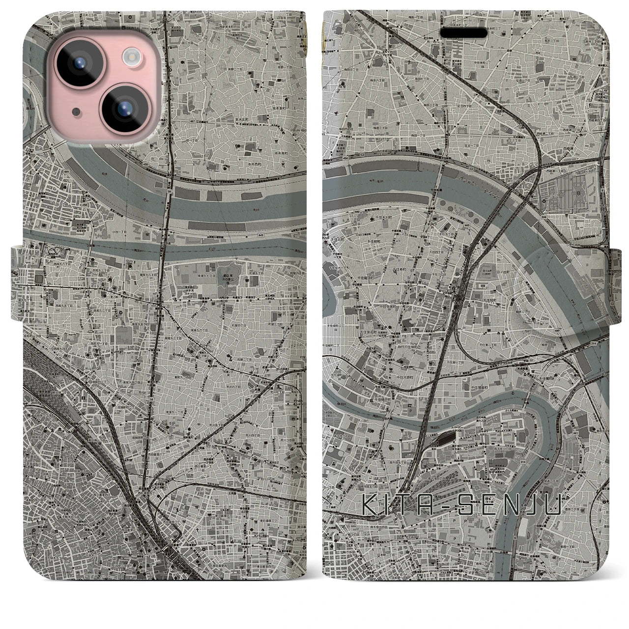 【北千住(東京都)】地図柄iPhoneケース(手帳タイプ)モノトーン・iPhone 15 Plus 用