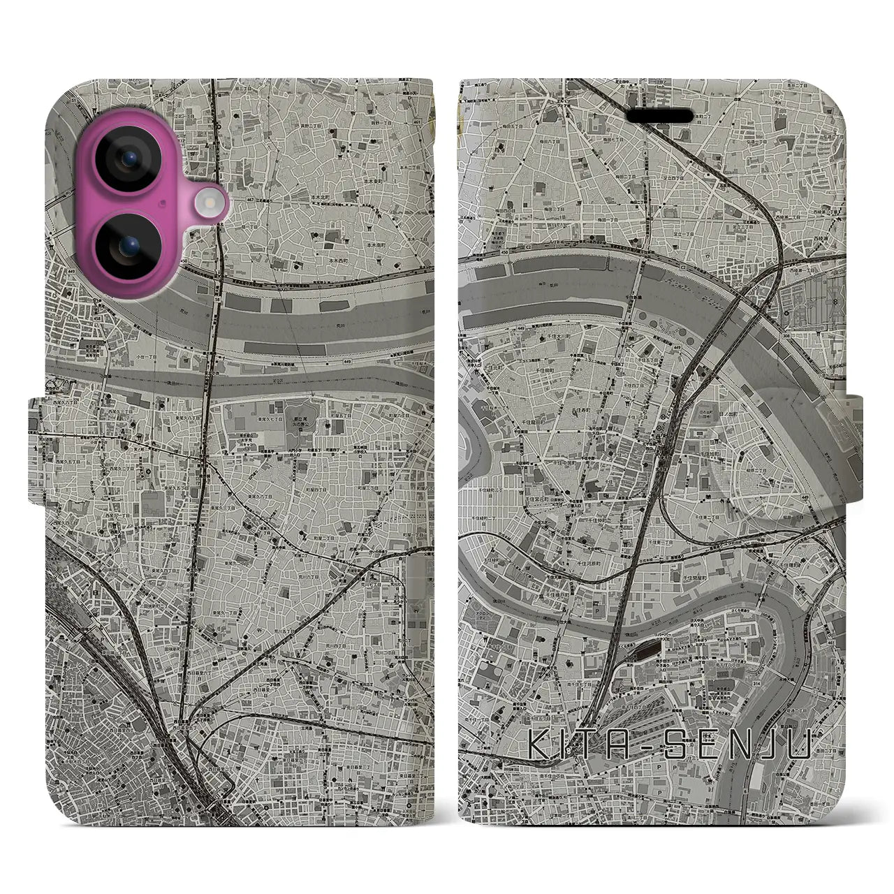 【北千住(東京都)】地図柄iPhoneケース(手帳タイプ)モノトーン・iPhone 16 Pro 用