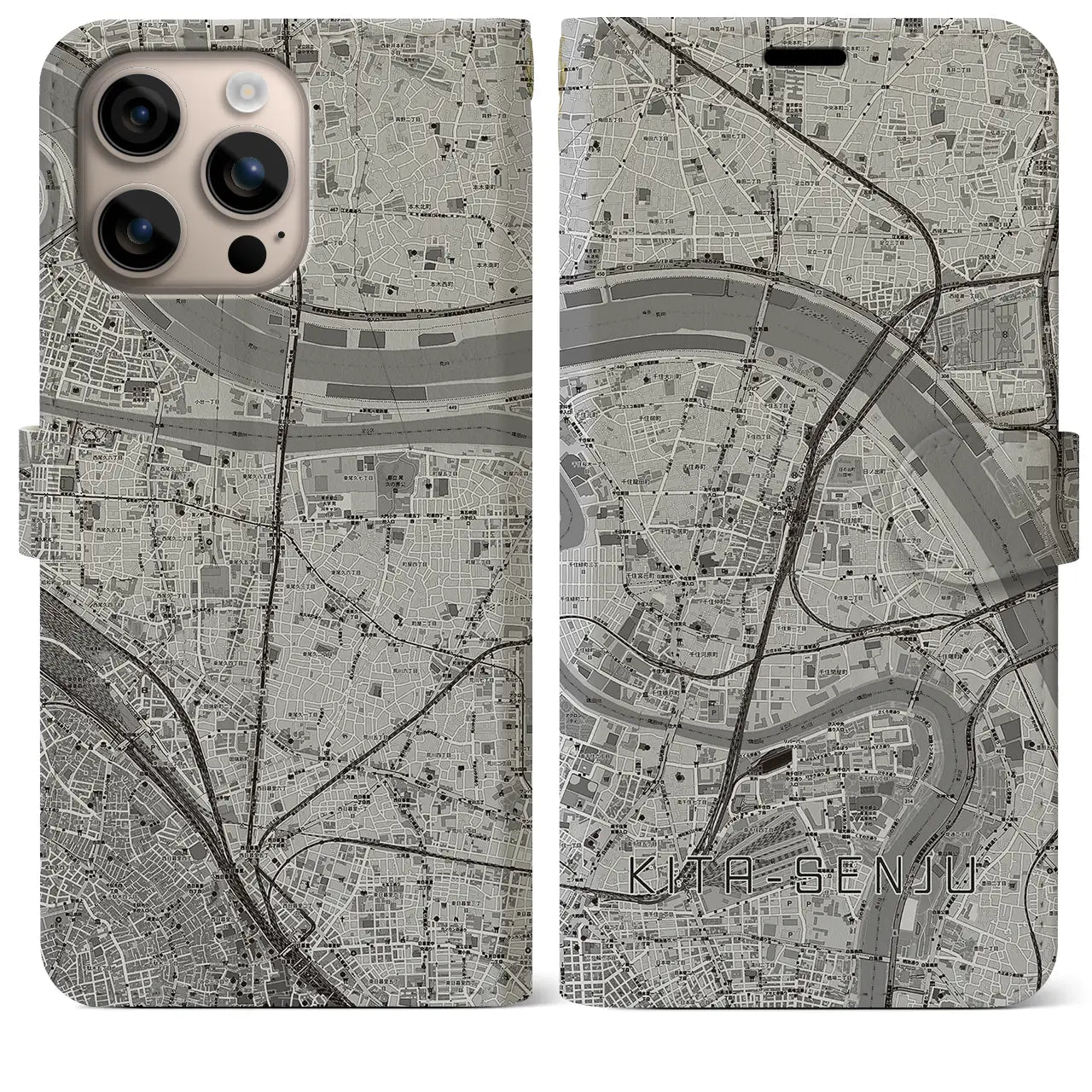 【北千住(東京都)】地図柄iPhoneケース(手帳タイプ)モノトーン・iPhone 16 Plus 用
