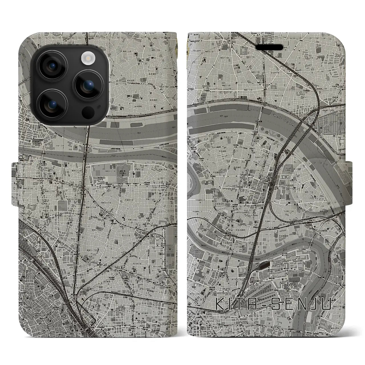 【北千住(東京都)】地図柄iPhoneケース(手帳タイプ)モノトーン・iPhone 16 用