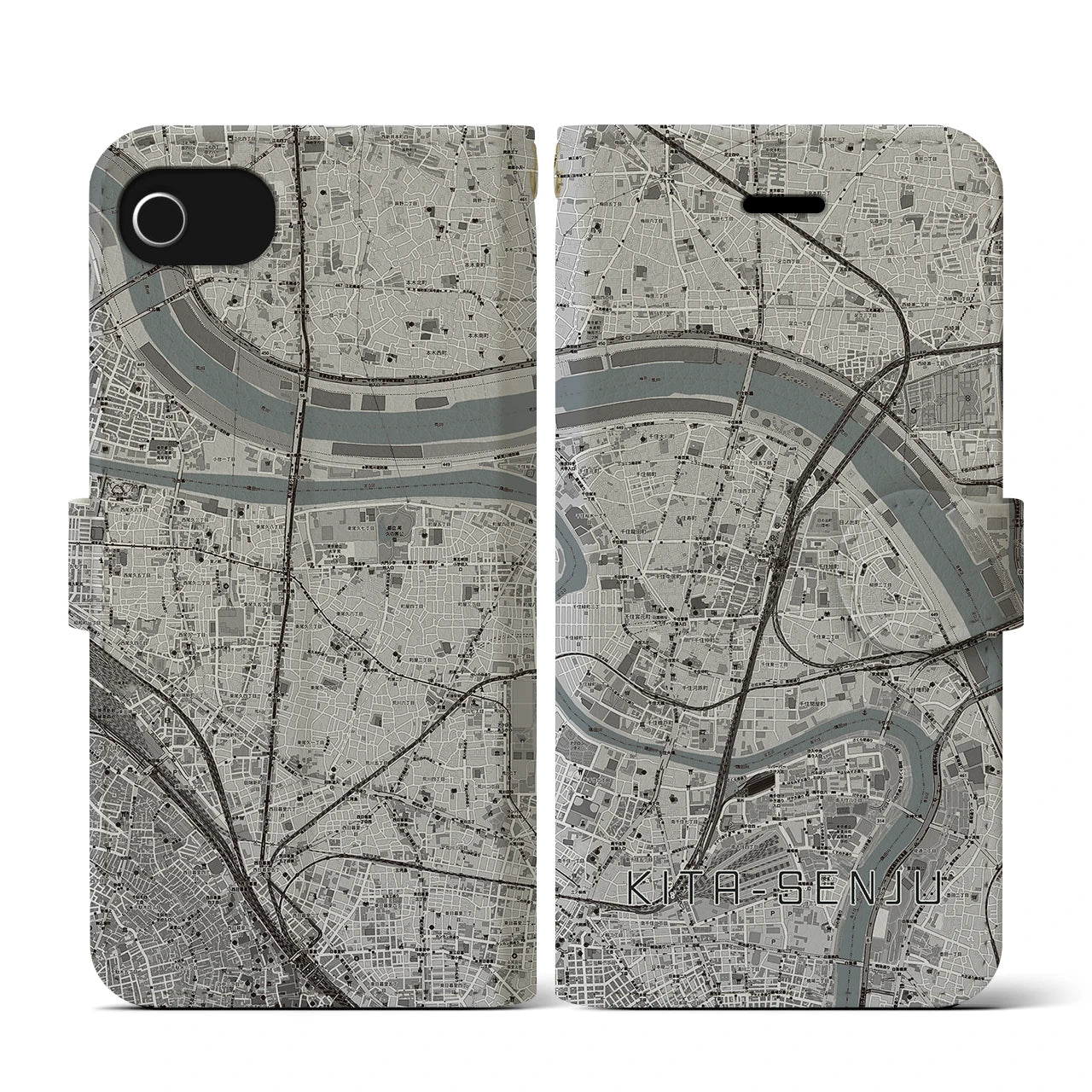 【北千住(東京都)】地図柄iPhoneケース(手帳タイプ)モノトーン・iPhone SE(第3 / 第2世代) / 8 / 7 / 6s / 6 用