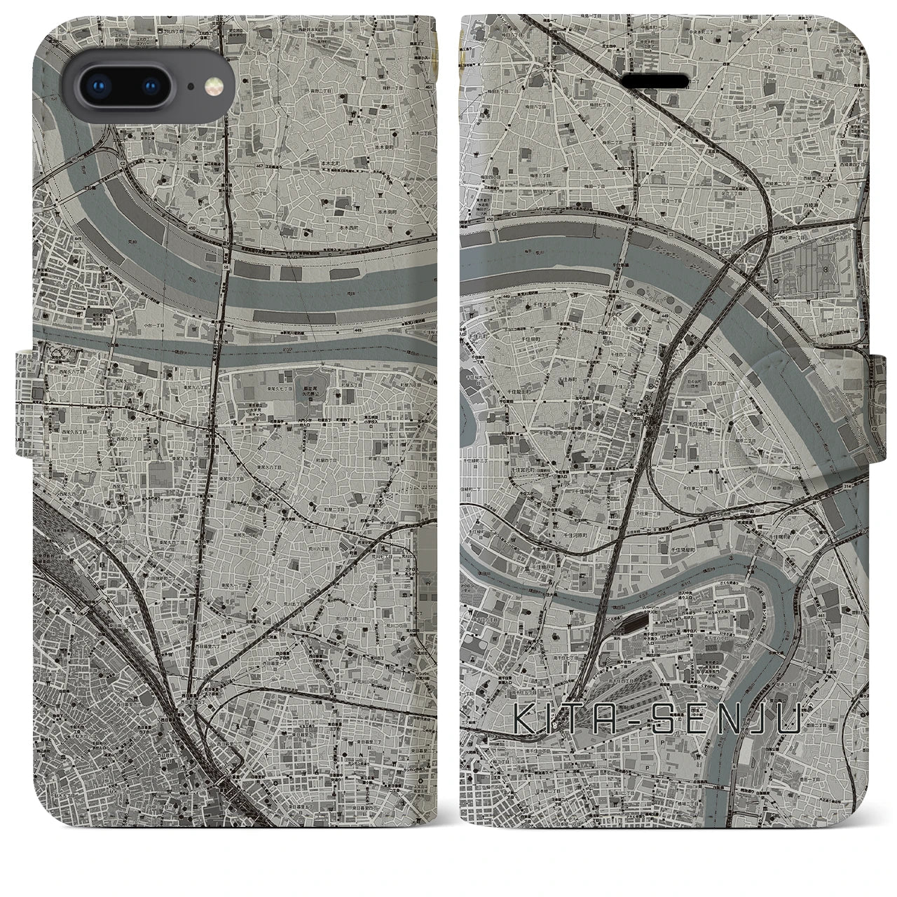 【北千住(東京都)】地図柄iPhoneケース(手帳タイプ)モノトーン・iPhone 8Plus /7Plus / 6sPlus / 6Plus 用
