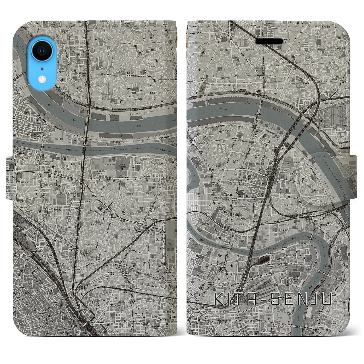 【北千住(東京都)】地図柄iPhoneケース(手帳タイプ)モノトーン・iPhone XR 用