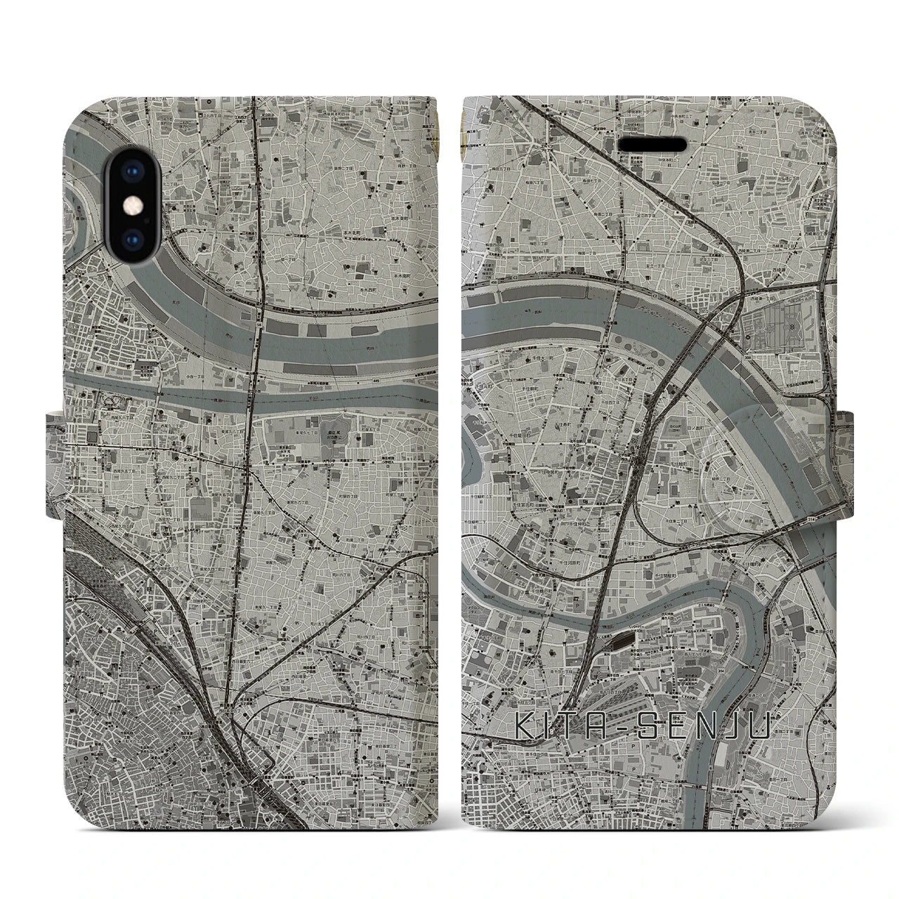 【北千住(東京都)】地図柄iPhoneケース(手帳タイプ)モノトーン・iPhone XS / X 用