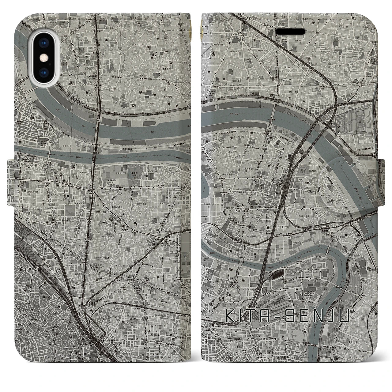 【北千住(東京都)】地図柄iPhoneケース(手帳タイプ)モノトーン・iPhone XS Max 用