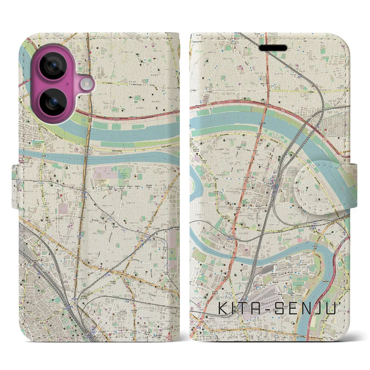 【北千住(東京都)】地図柄iPhoneケース(手帳タイプ)ナチュラル・iPhone 16 Pro 用