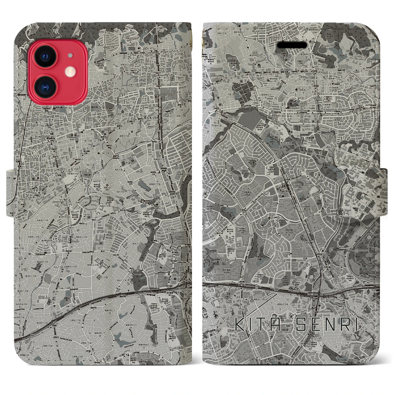 【北千里(大阪府)】地図柄iPhoneケース(手帳タイプ)モノトーン・iPhone 11 用