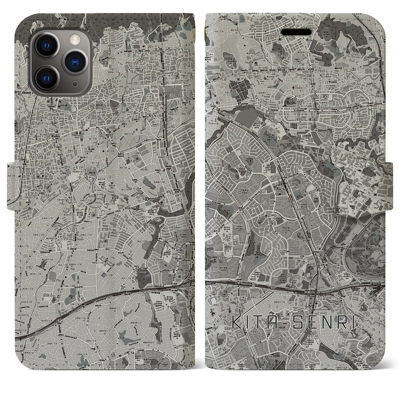 【北千里(大阪府)】地図柄iPhoneケース(手帳タイプ)モノトーン・iPhone 11 Pro Max 用