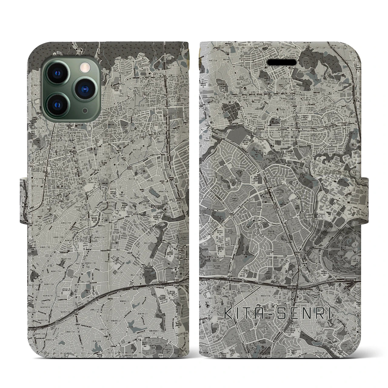 【北千里(大阪府)】地図柄iPhoneケース(手帳タイプ)モノトーン・iPhone 11 Pro 用