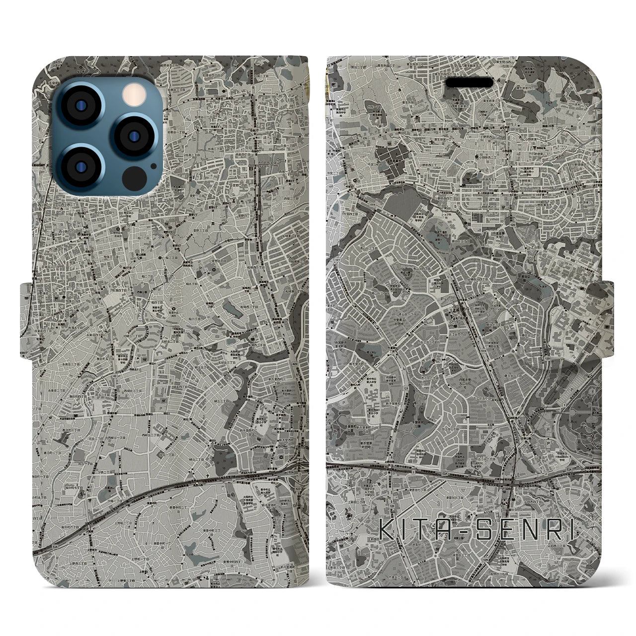 【北千里(大阪府)】地図柄iPhoneケース(手帳タイプ)モノトーン・iPhone 12 / 12 Pro 用