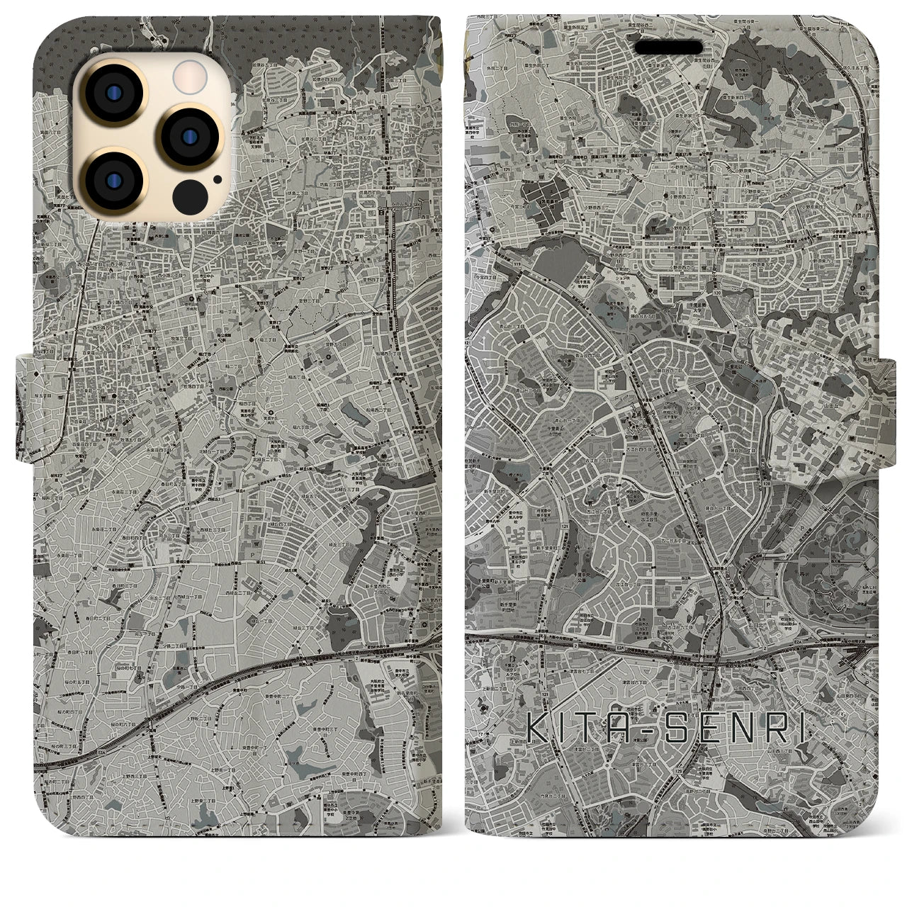 【北千里(大阪府)】地図柄iPhoneケース(手帳タイプ)モノトーン・iPhone 12 Pro Max 用