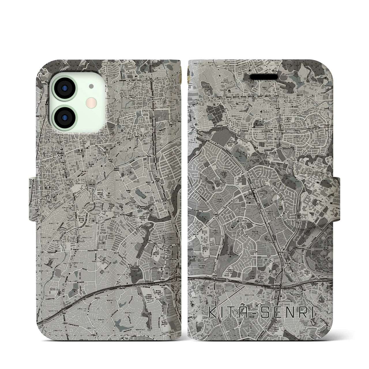 【北千里(大阪府)】地図柄iPhoneケース(手帳タイプ)モノトーン・iPhone 12 mini 用