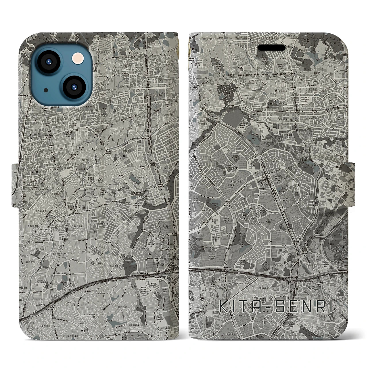 【北千里(大阪府)】地図柄iPhoneケース(手帳タイプ)モノトーン・iPhone 13 用