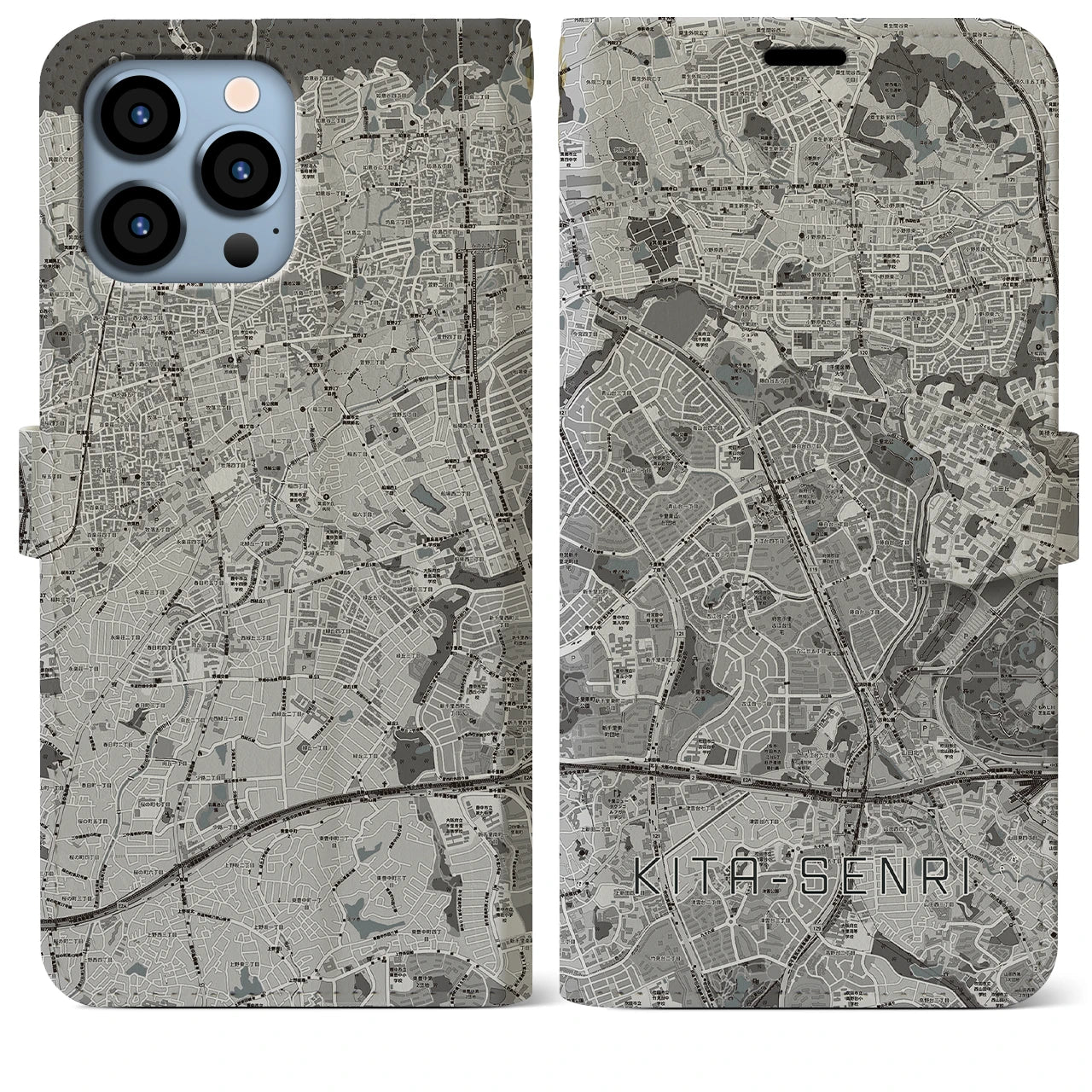 【北千里(大阪府)】地図柄iPhoneケース(手帳タイプ)モノトーン・iPhone 13 Pro Max 用