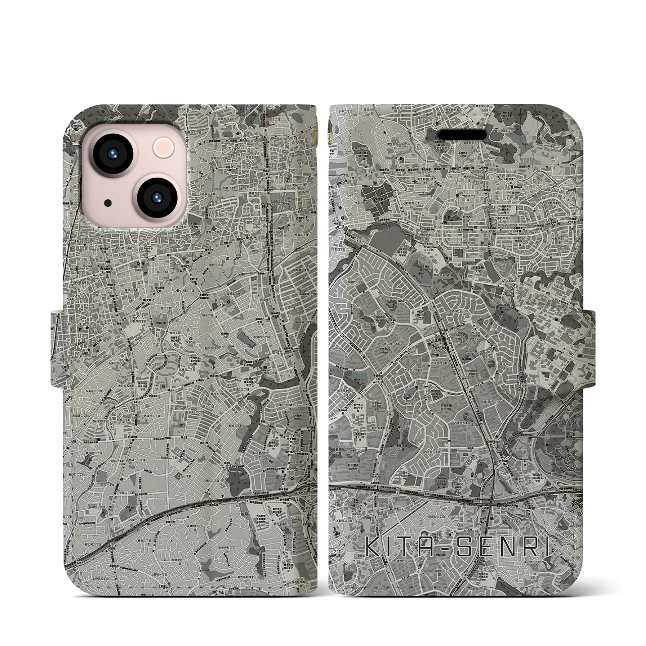 【北千里(大阪府)】地図柄iPhoneケース(手帳タイプ)モノトーン・iPhone 13 mini 用