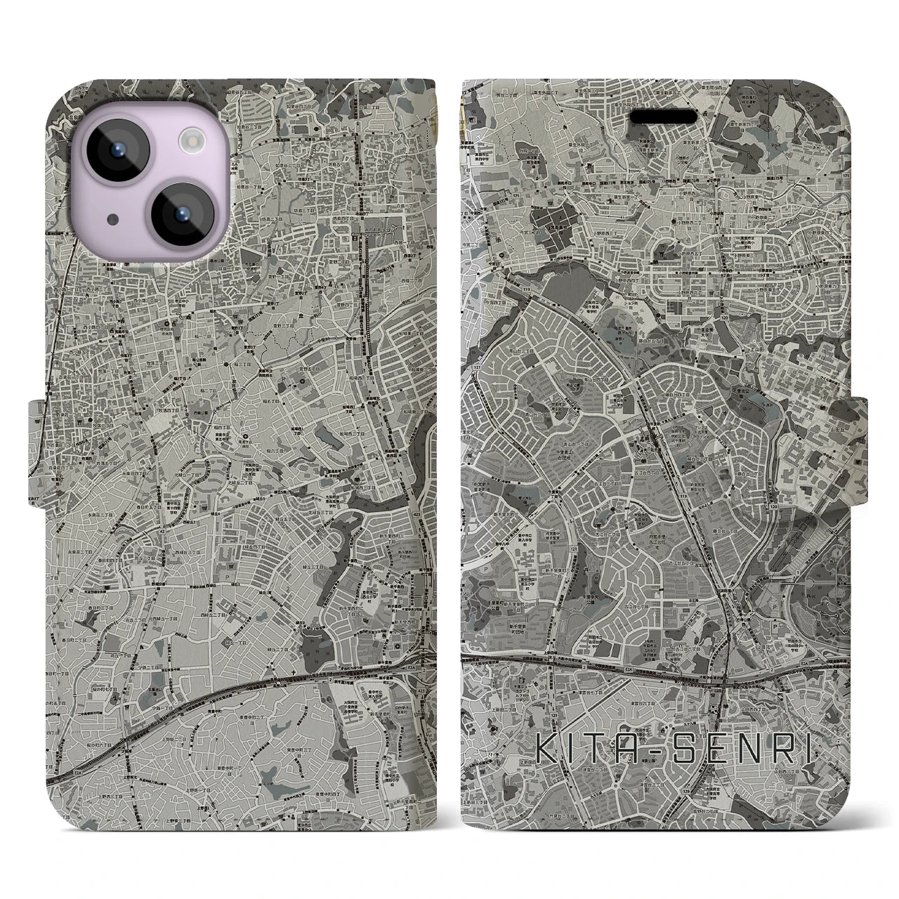 【北千里(大阪府)】地図柄iPhoneケース(手帳タイプ)モノトーン・iPhone 14 用
