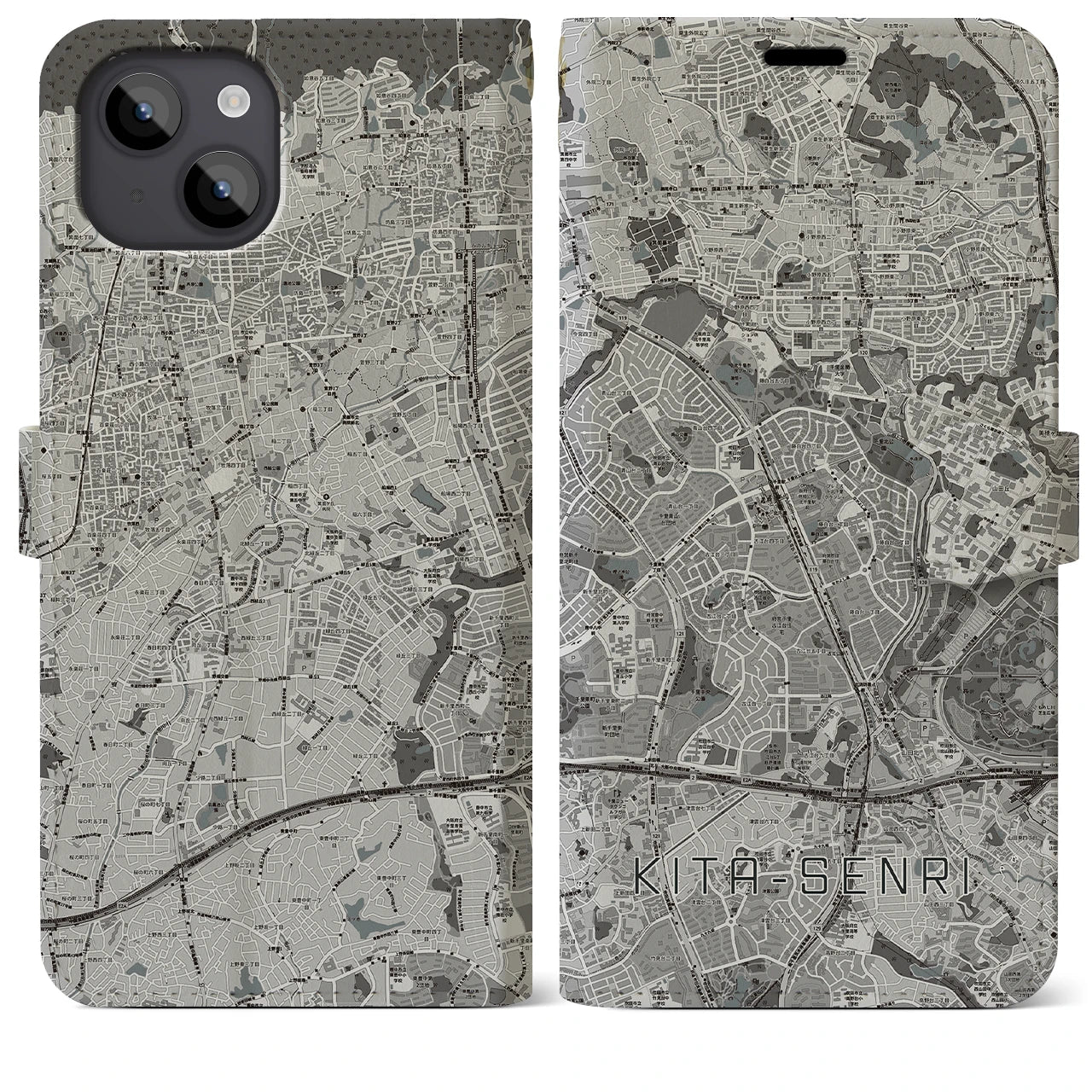 【北千里(大阪府)】地図柄iPhoneケース(手帳タイプ)モノトーン・iPhone 14 Plus 用