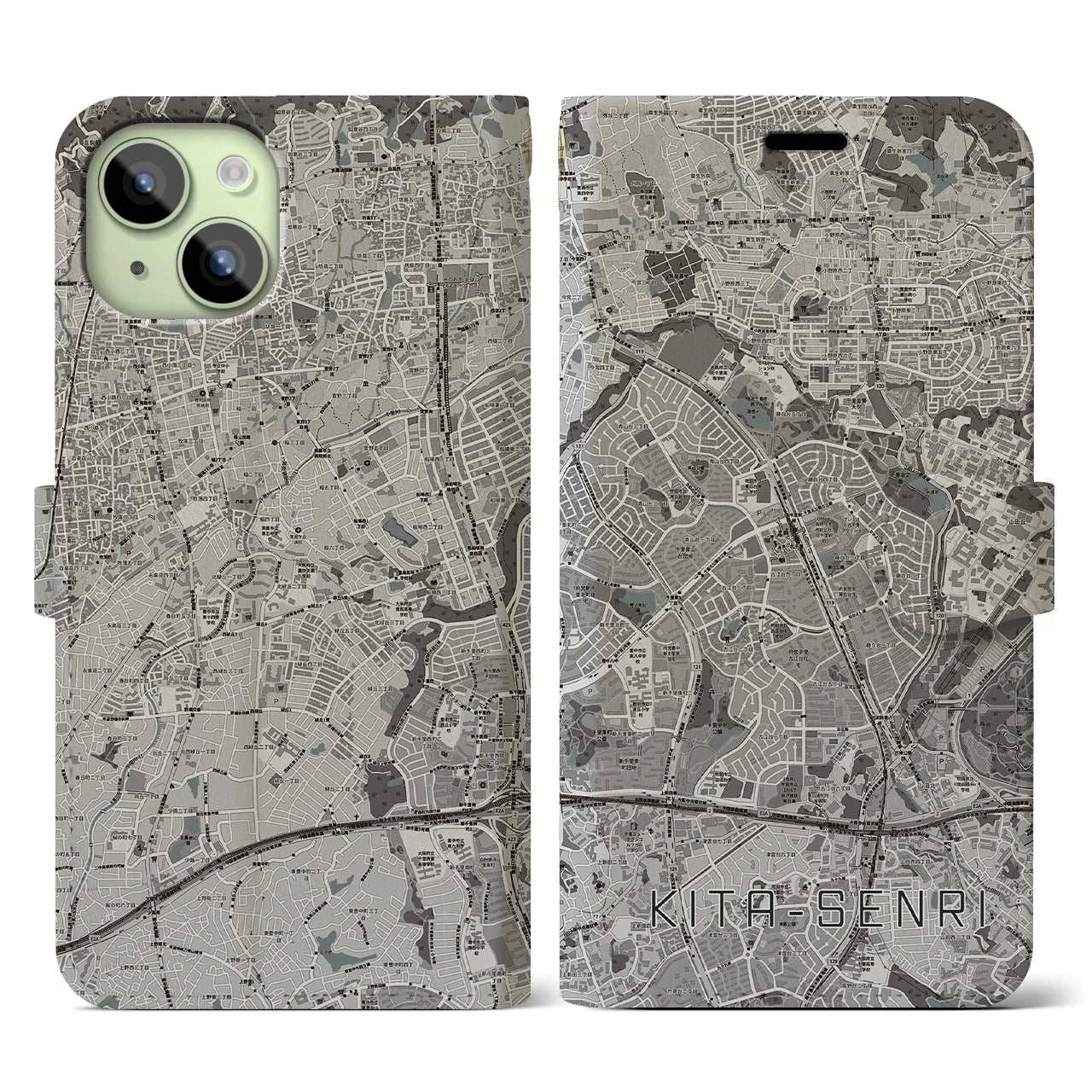 【北千里(大阪府)】地図柄iPhoneケース(手帳タイプ)モノトーン・iPhone 15 用