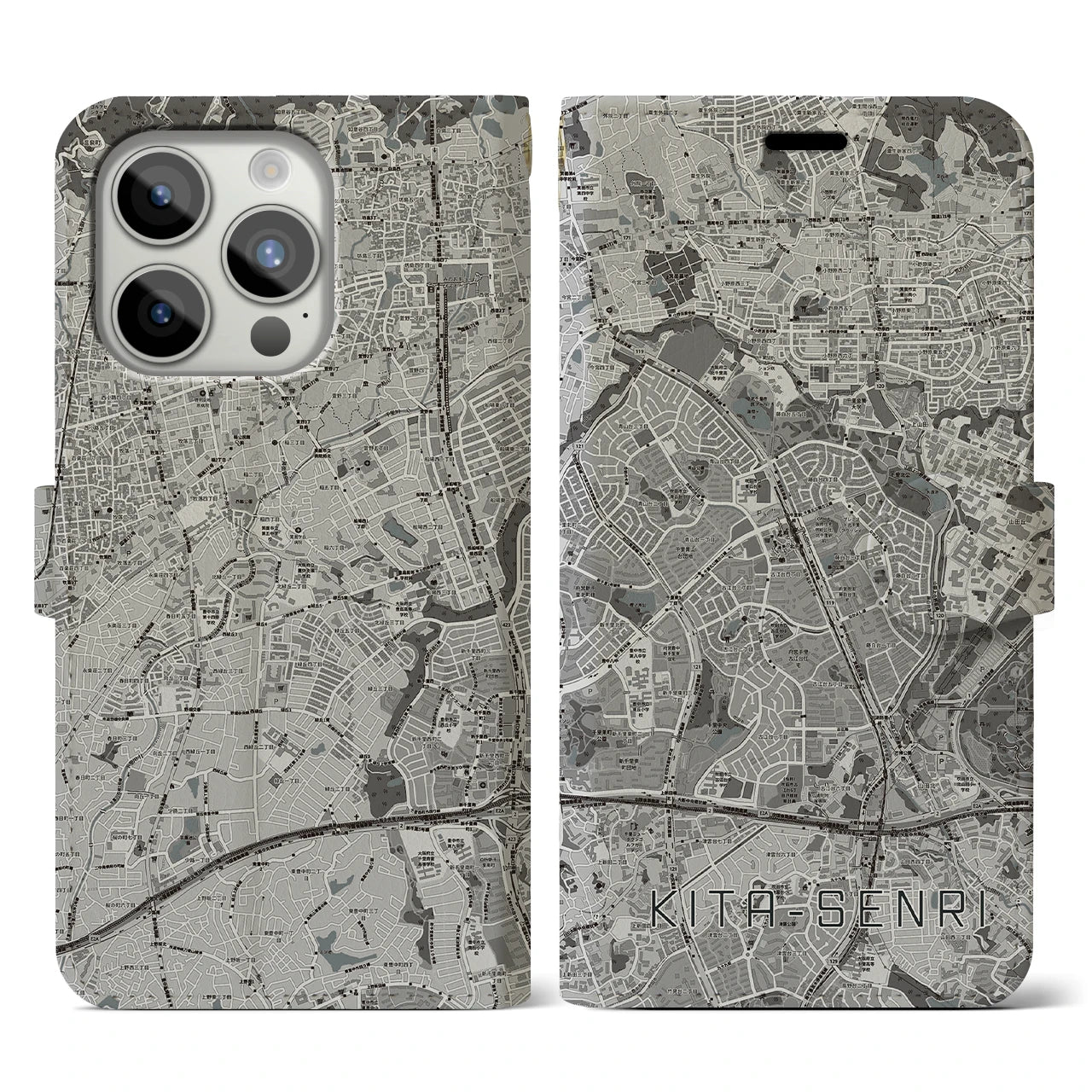 【北千里(大阪府)】地図柄iPhoneケース(手帳タイプ)モノトーン・iPhone 15 Pro 用