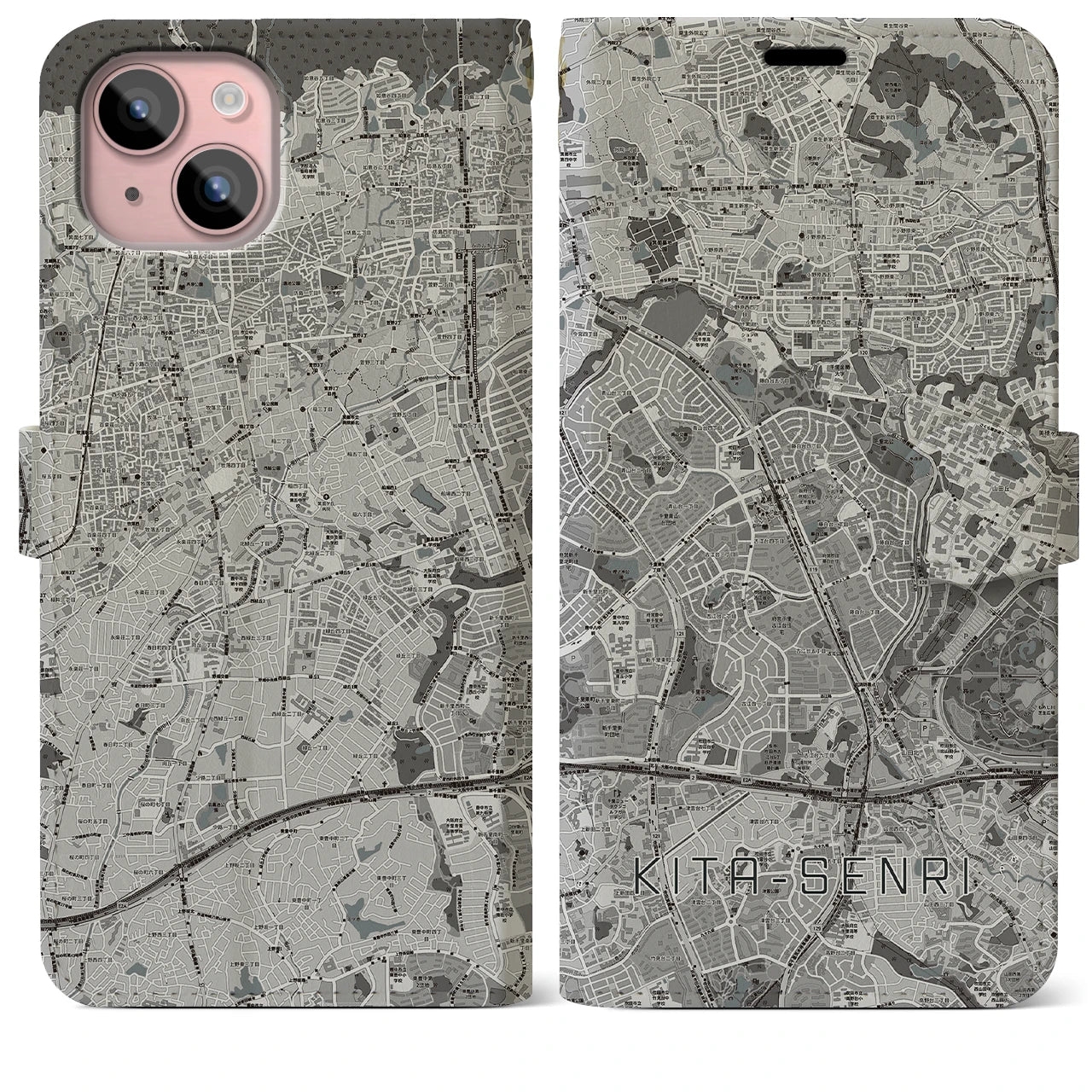 【北千里(大阪府)】地図柄iPhoneケース(手帳タイプ)モノトーン・iPhone 15 Plus 用