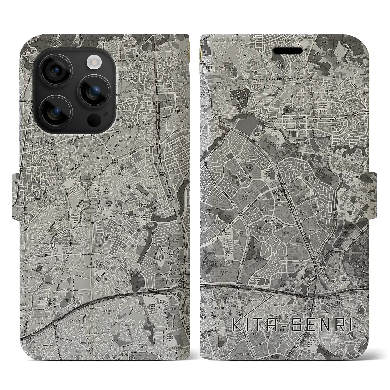 【北千里(大阪府)】地図柄iPhoneケース(手帳タイプ)モノトーン・iPhone 16 用