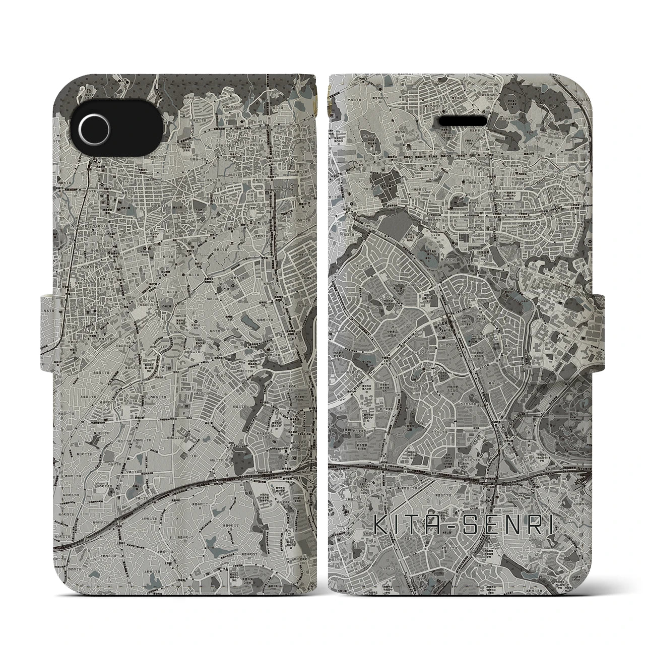 【北千里(大阪府)】地図柄iPhoneケース(手帳タイプ)モノトーン・iPhone SE(第3 / 第2世代) / 8 / 7 / 6s / 6 用