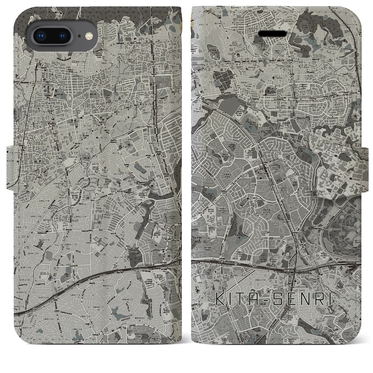 【北千里(大阪府)】地図柄iPhoneケース(手帳タイプ)モノトーン・iPhone 8Plus /7Plus / 6sPlus / 6Plus 用