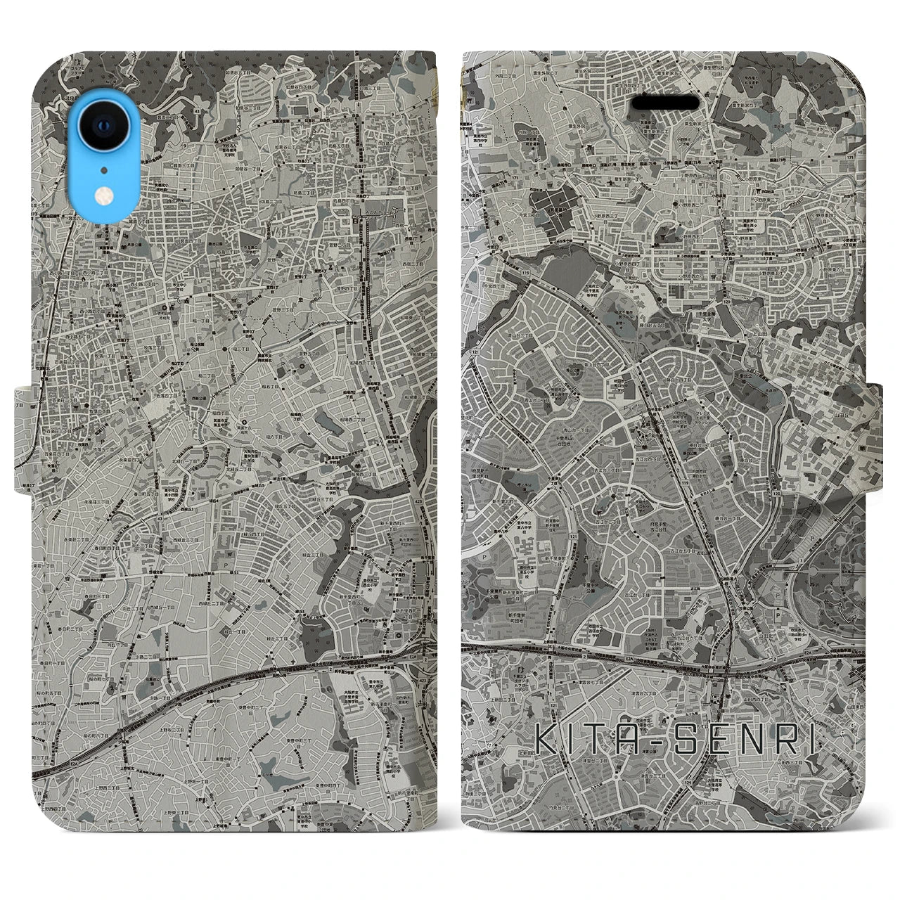 【北千里(大阪府)】地図柄iPhoneケース(手帳タイプ)モノトーン・iPhone XR 用