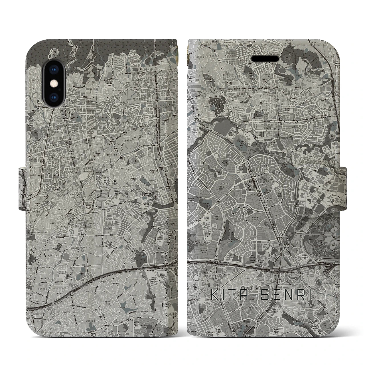 【北千里(大阪府)】地図柄iPhoneケース(手帳タイプ)モノトーン・iPhone XS / X 用