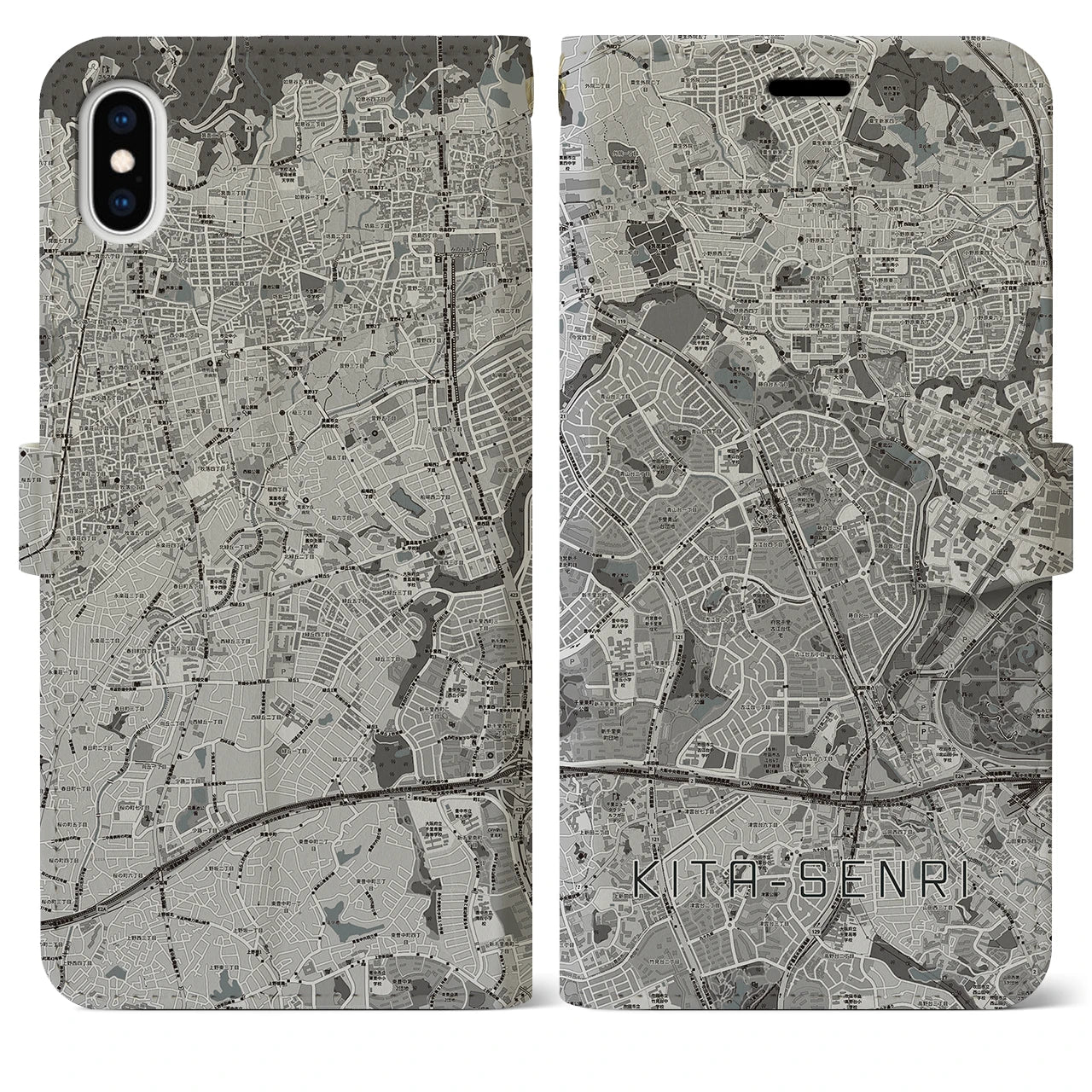 【北千里(大阪府)】地図柄iPhoneケース(手帳タイプ)モノトーン・iPhone XS Max 用