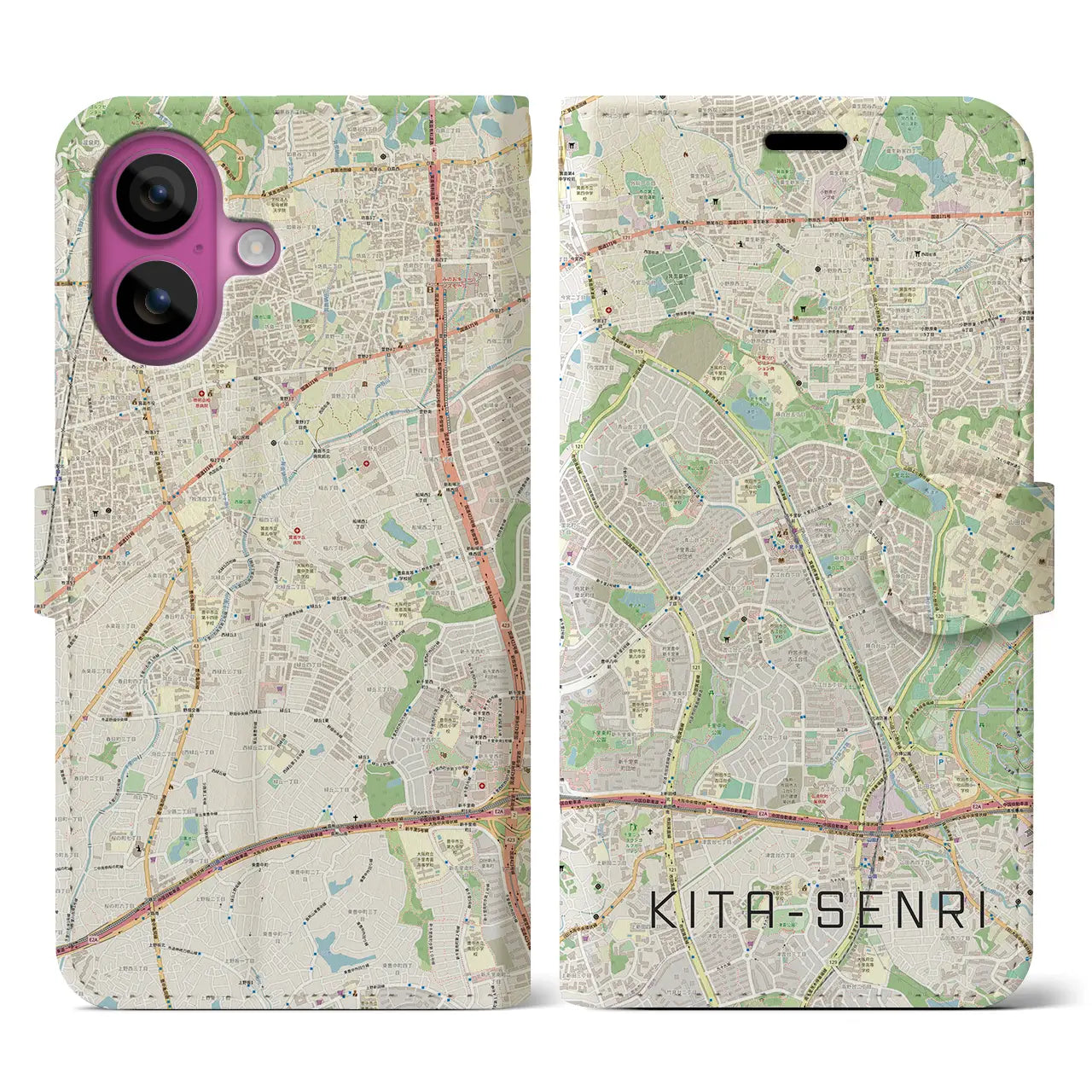 【北千里(大阪府)】地図柄iPhoneケース(手帳タイプ)ナチュラル・iPhone 16 Pro 用