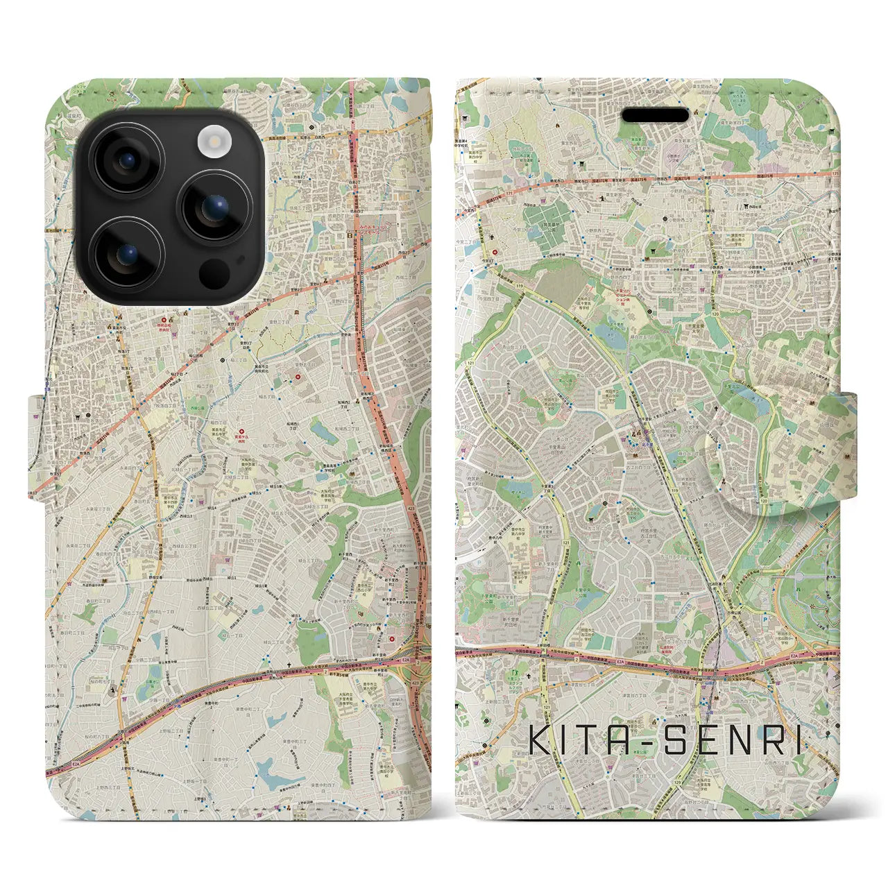 【北千里(大阪府)】地図柄iPhoneケース(手帳タイプ)ナチュラル・iPhone 16 用