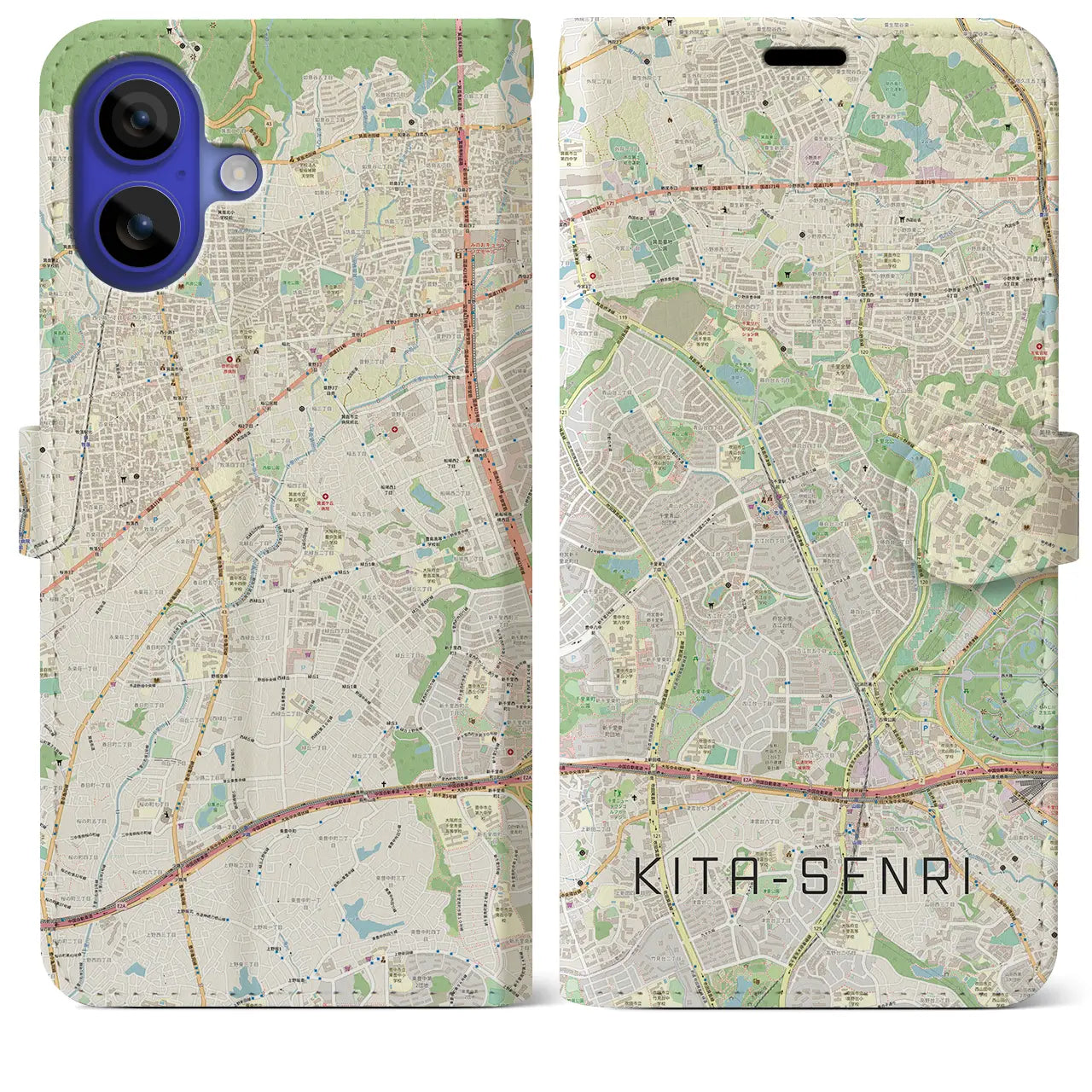 【北千里(大阪府)】地図柄iPhoneケース(手帳タイプ)ナチュラル・iPhone 16 Pro Max 用
