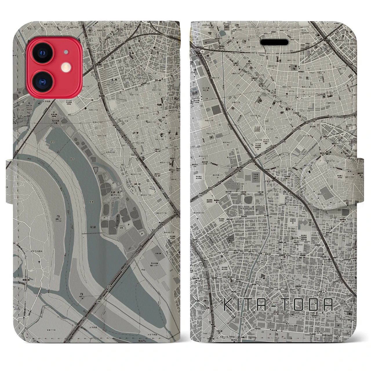 【北戸田(埼玉県)】地図柄iPhoneケース(手帳タイプ)モノトーン・iPhone 11 用