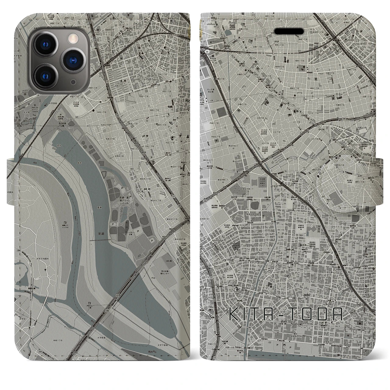 【北戸田(埼玉県)】地図柄iPhoneケース(手帳タイプ)モノトーン・iPhone 11 Pro Max 用