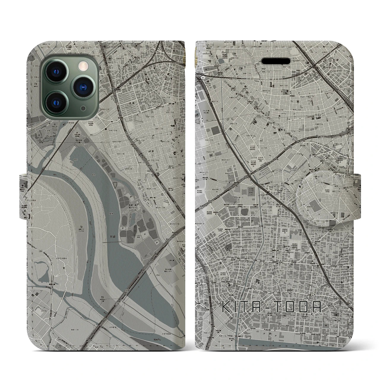 【北戸田(埼玉県)】地図柄iPhoneケース(手帳タイプ)モノトーン・iPhone 11 Pro 用