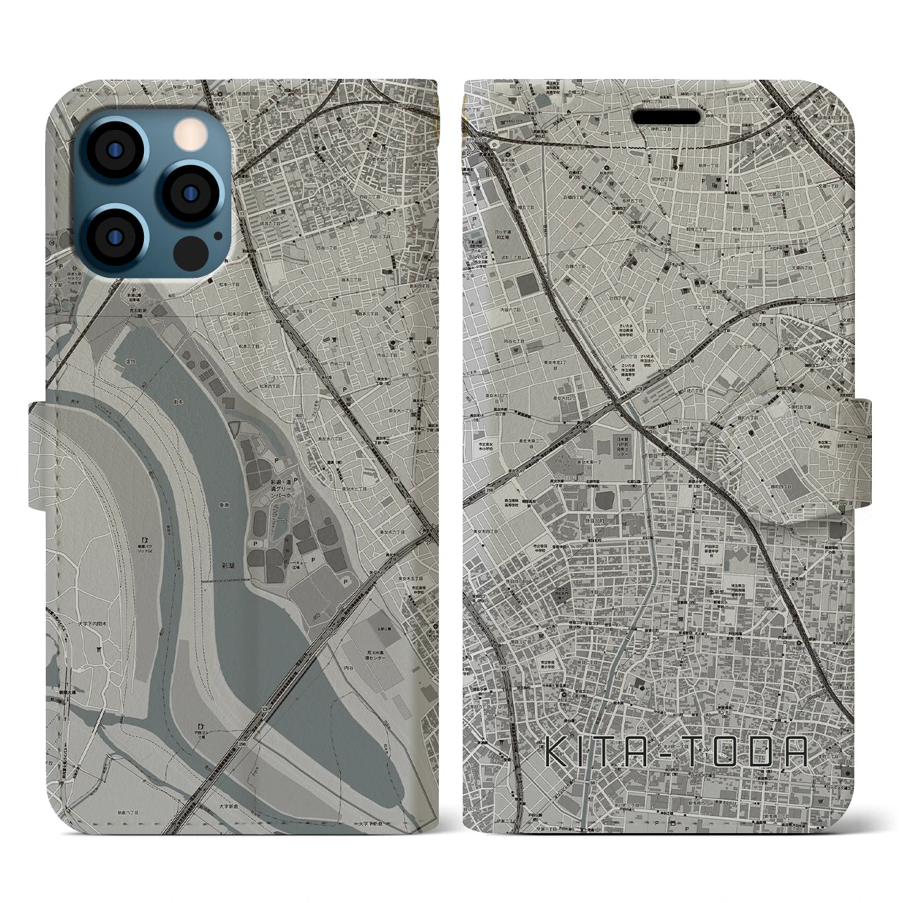 【北戸田(埼玉県)】地図柄iPhoneケース(手帳タイプ)モノトーン・iPhone 12 / 12 Pro 用