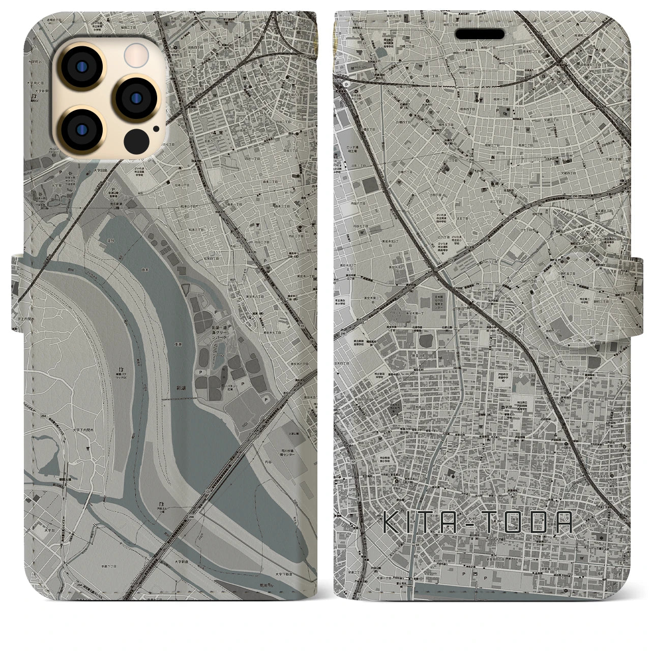 【北戸田(埼玉県)】地図柄iPhoneケース(手帳タイプ)モノトーン・iPhone 12 Pro Max 用