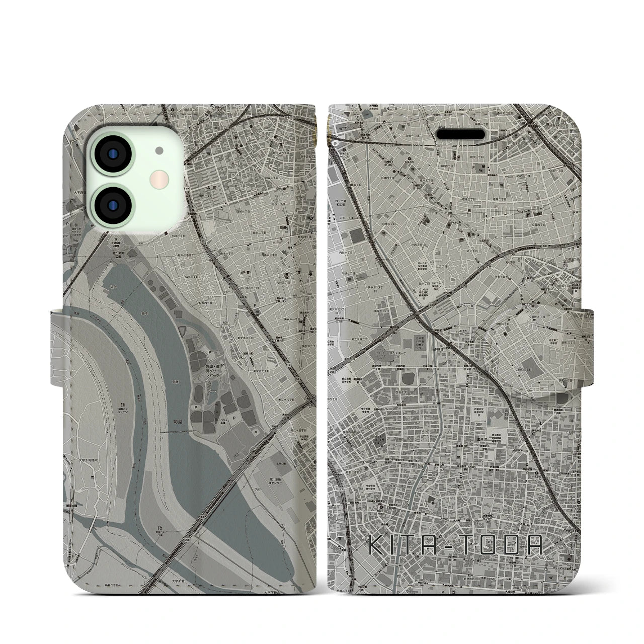 【北戸田(埼玉県)】地図柄iPhoneケース(手帳タイプ)モノトーン・iPhone 12 mini 用
