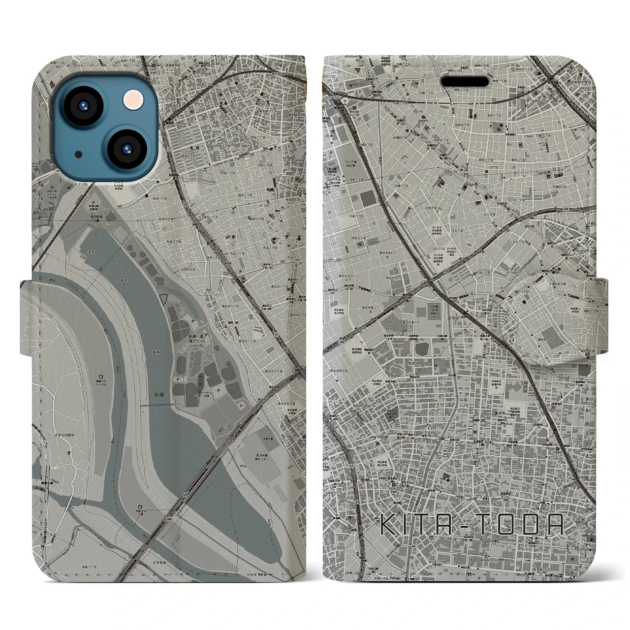 【北戸田(埼玉県)】地図柄iPhoneケース(手帳タイプ)モノトーン・iPhone 13 用
