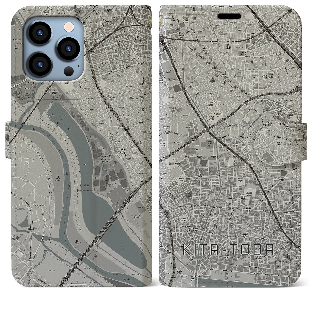 【北戸田(埼玉県)】地図柄iPhoneケース(手帳タイプ)モノトーン・iPhone 13 Pro Max 用