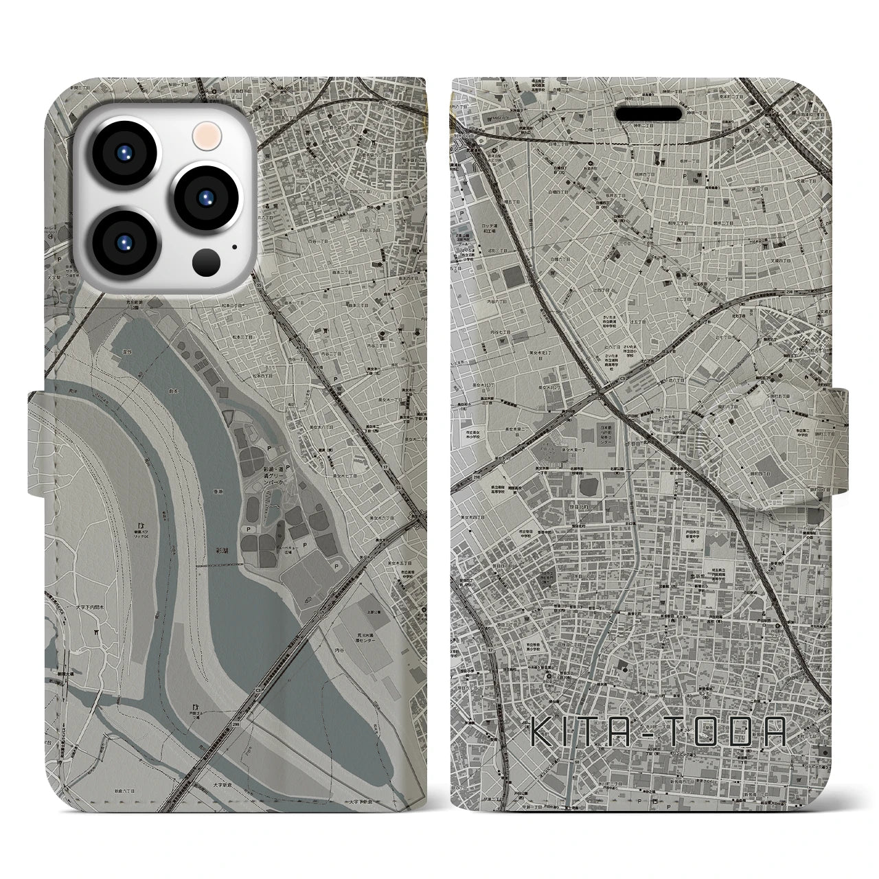 【北戸田(埼玉県)】地図柄iPhoneケース(手帳タイプ)モノトーン・iPhone 13 Pro 用