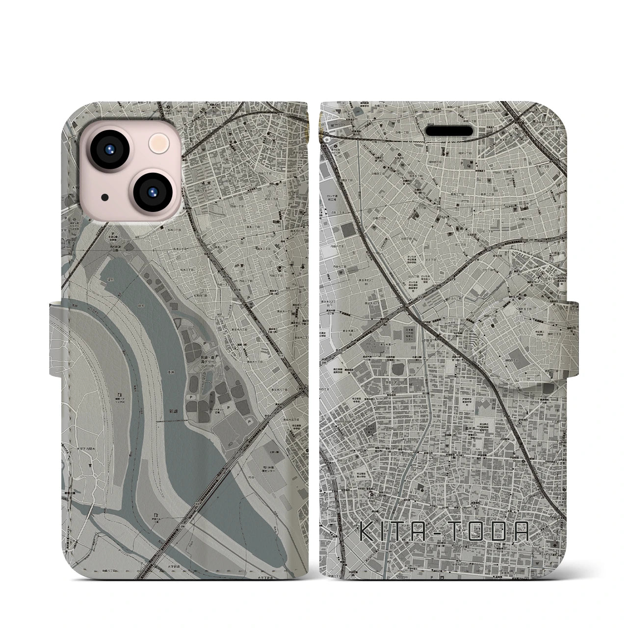 【北戸田(埼玉県)】地図柄iPhoneケース(手帳タイプ)モノトーン・iPhone 13 mini 用