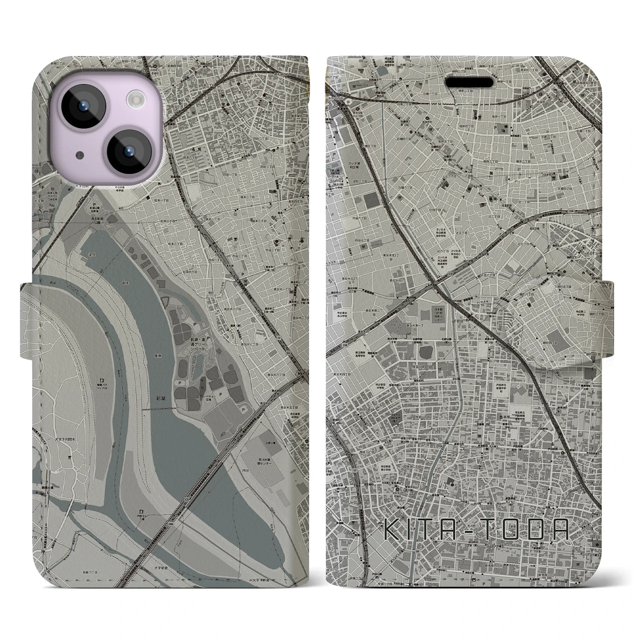 【北戸田(埼玉県)】地図柄iPhoneケース(手帳タイプ)モノトーン・iPhone 14 用