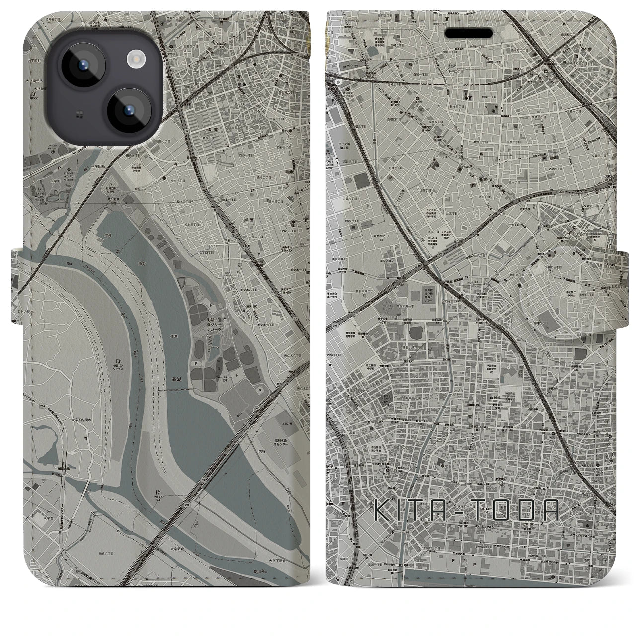 【北戸田(埼玉県)】地図柄iPhoneケース(手帳タイプ)モノトーン・iPhone 14 Plus 用